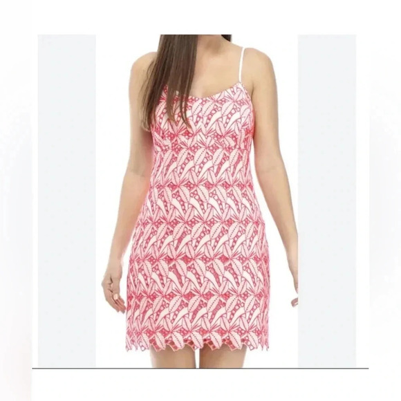 Crown & Ivy Women's Neon Pink Lace Overlay Mini Dress Size 6 100% cotton - Picture 2 of 7